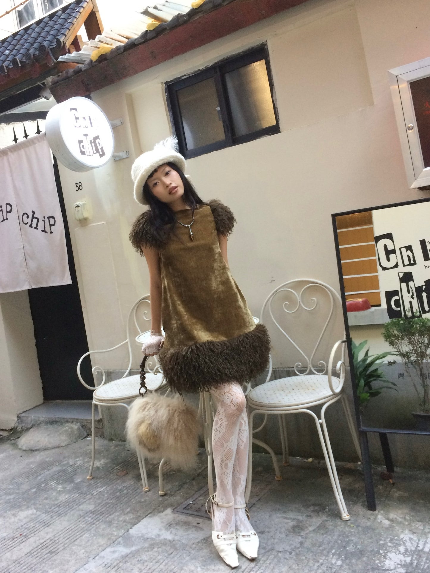 Retro moss green fluffy short-sleeved dress