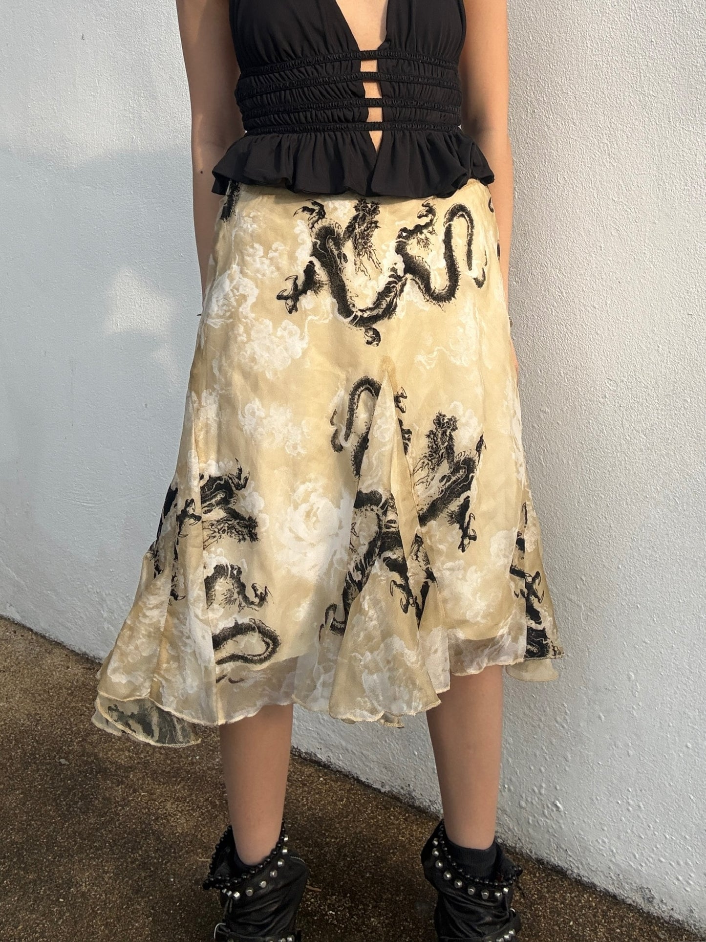 Dragon print chiffon skirt with wide hemline