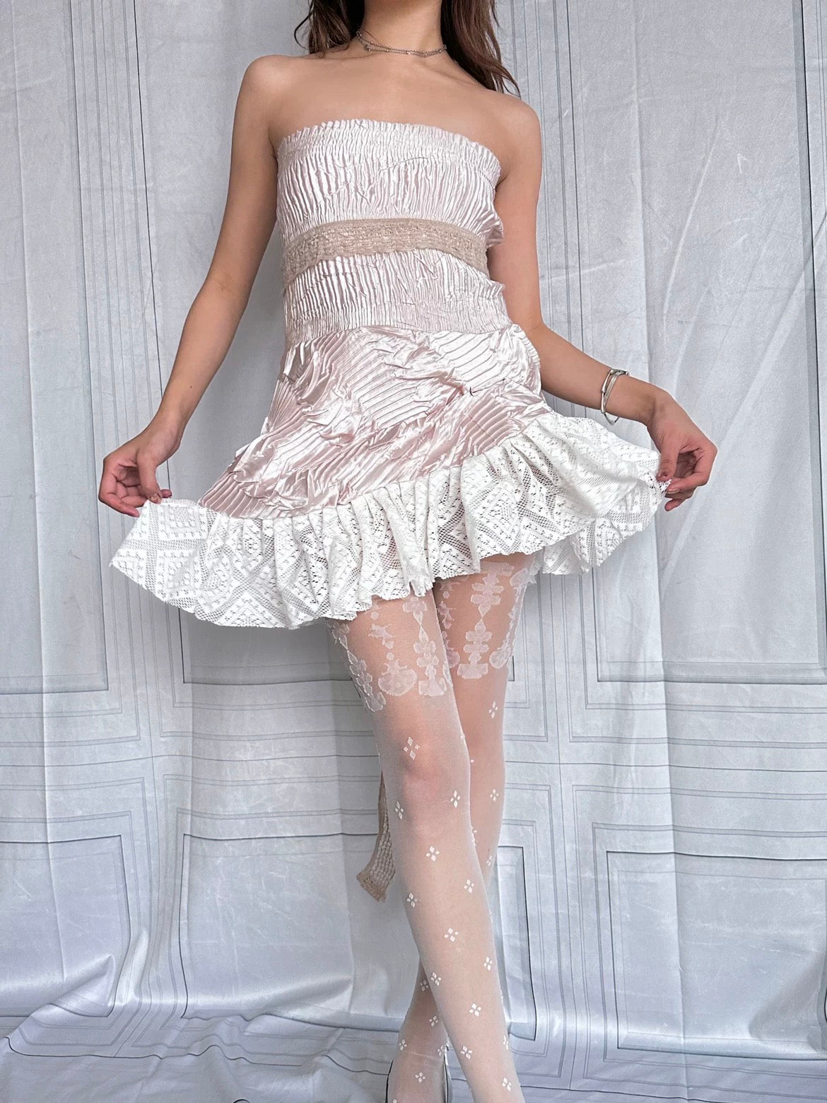 Girly pink pleated stretch lace lotus asymmetrical hem cute skirt/dress
