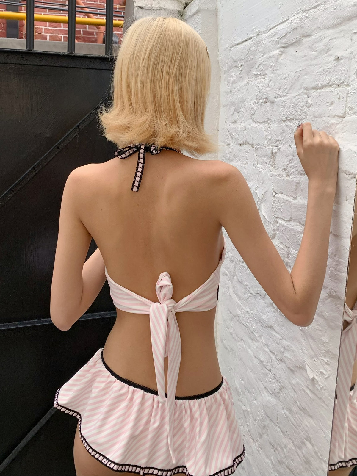 Pink and white striped bikini stretchy swimwear set