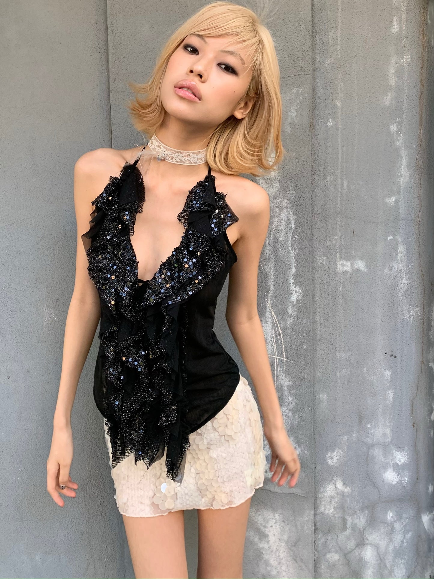 Dark glittering sequin ruffled halter strap original design top