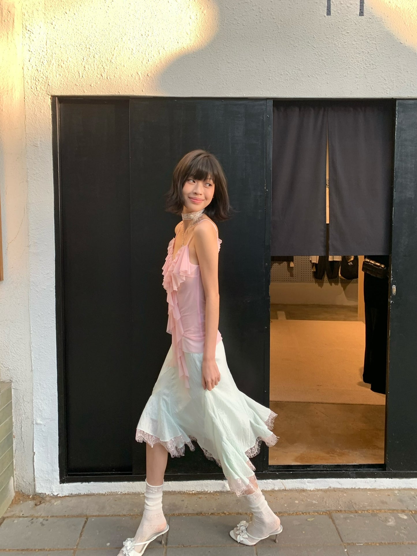 Mint green patched light pink lace flared chiffon skirt with a flowing hem