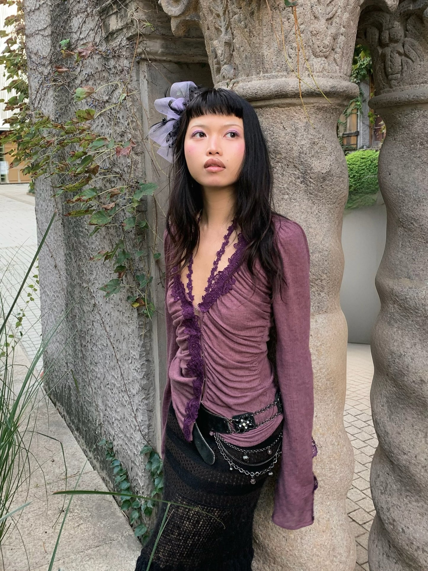 Velvet purple lace long-sleeved fitted stretchy top / cardigan
