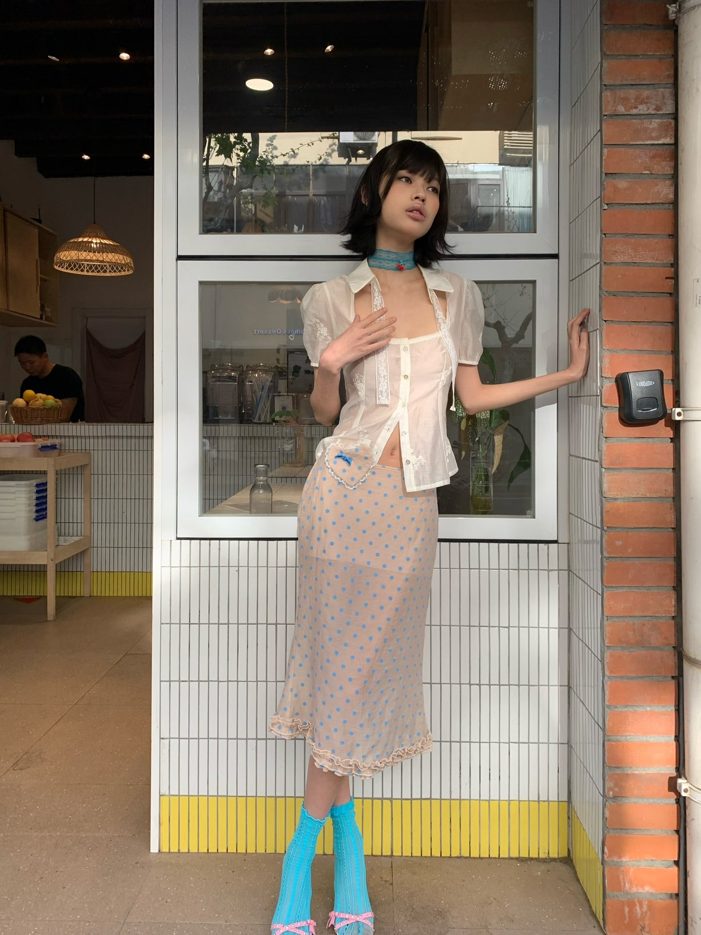 Baby blue polka dot original design tencel mid-length dress