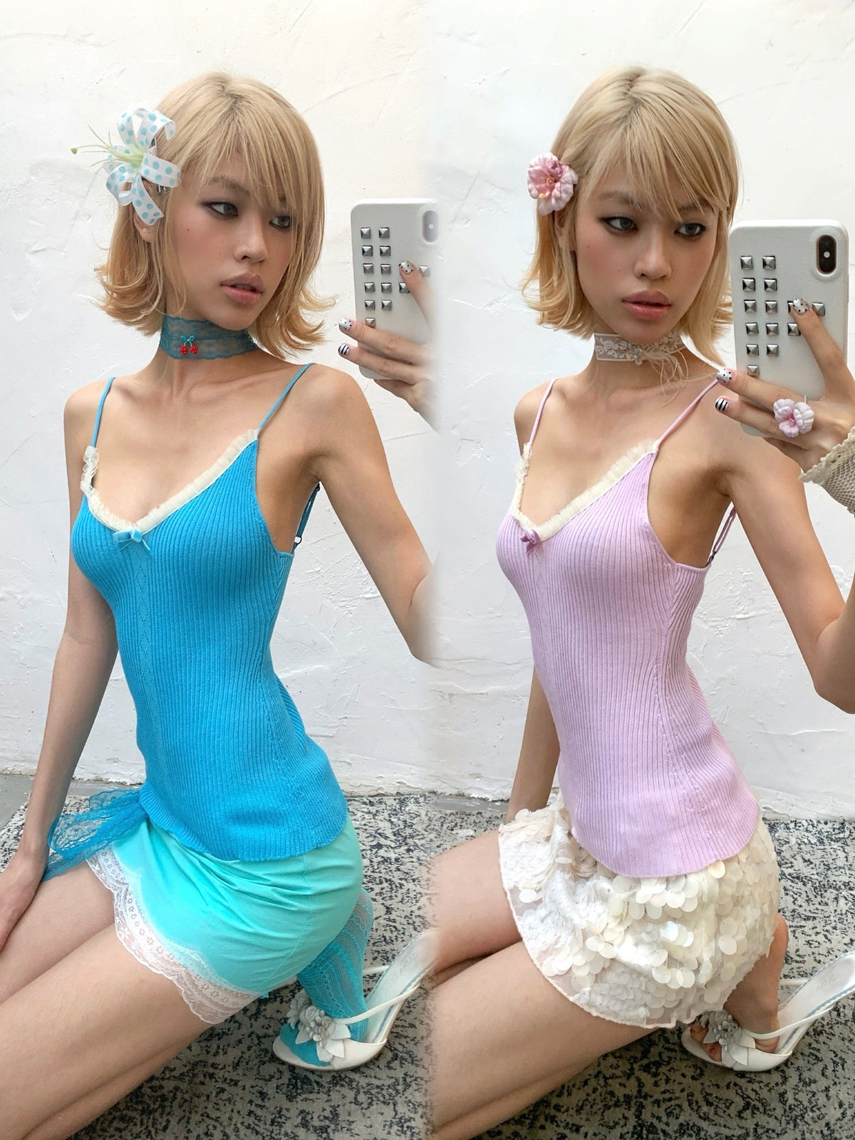 Lake Blue / light purple Sweet lace velvet bow knitted stretchy top