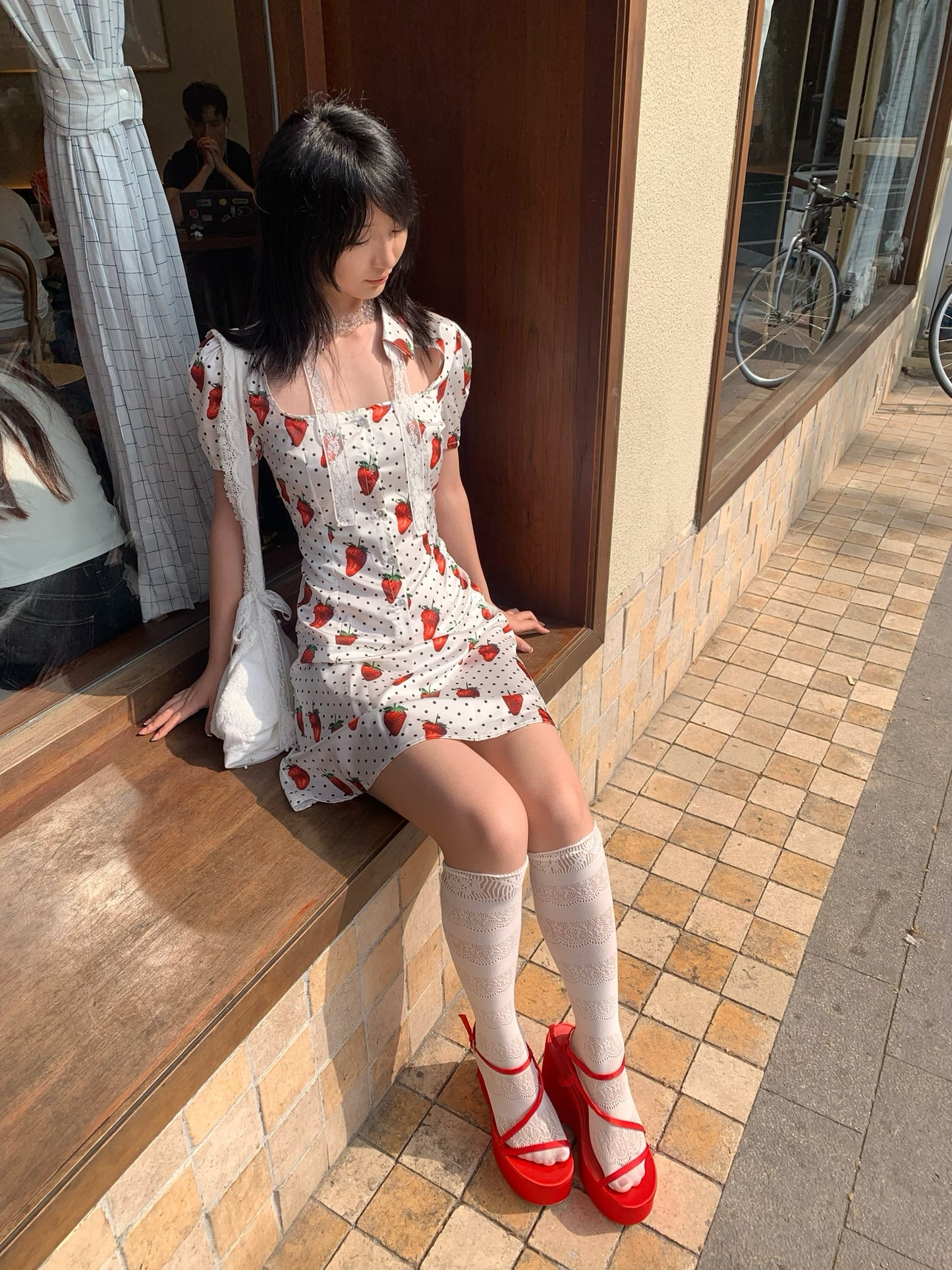 Strawberry polka dot cupcakes. Original printed bubble sleeve satin dress