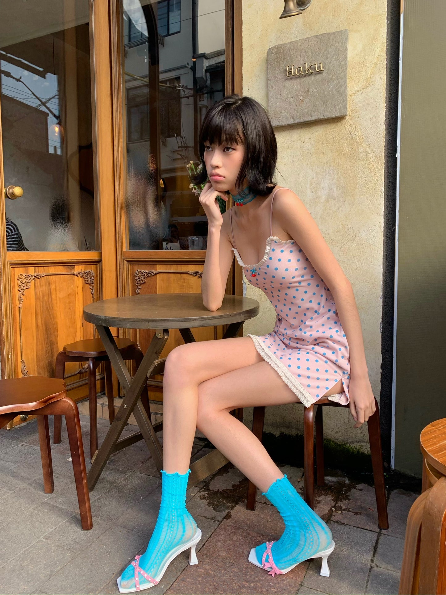 Candy polka dot dress pink stretch-fitting short dress