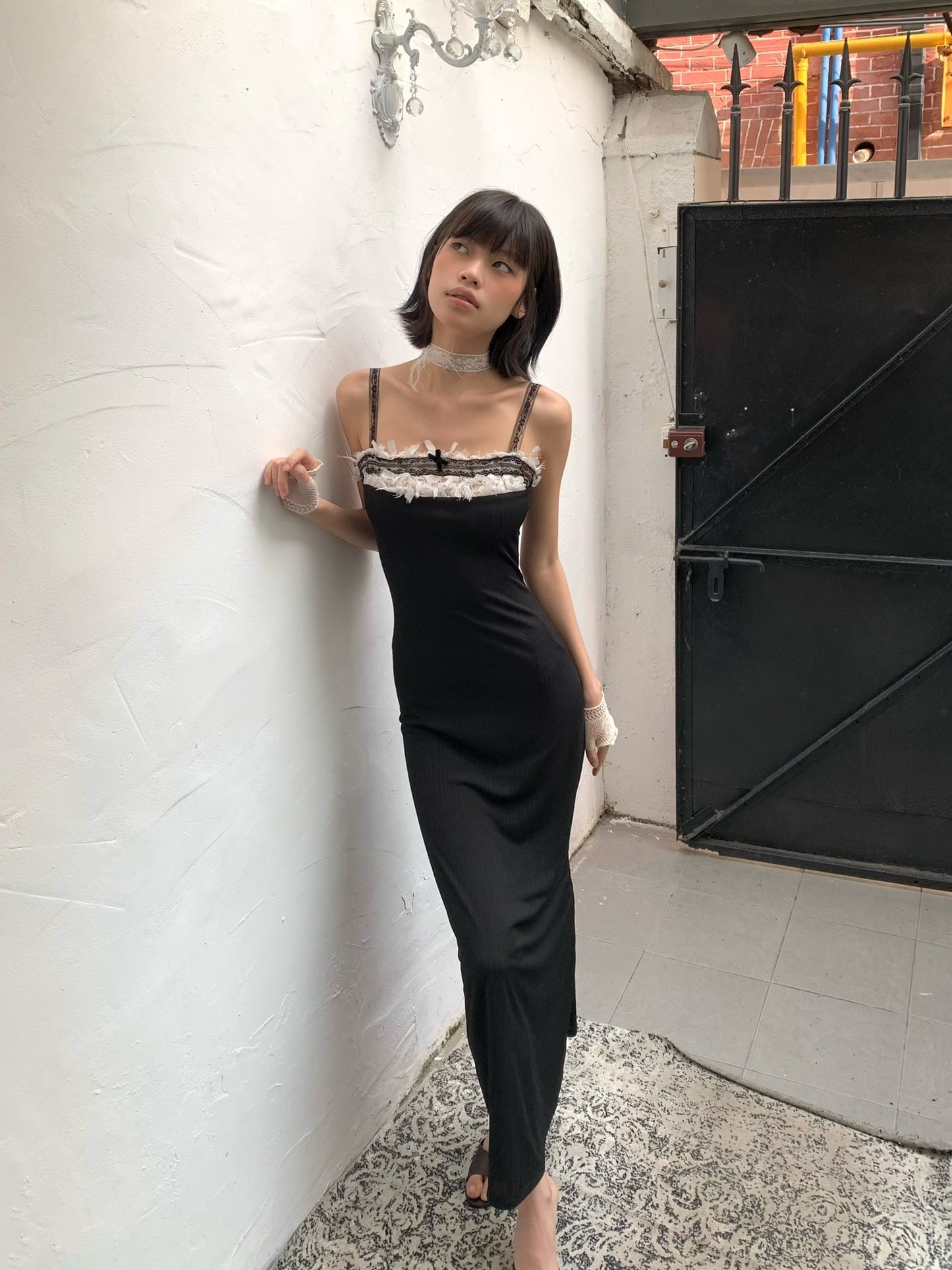 Sexy and playful lace stretch black fitted dress with adjustable shoulder straps