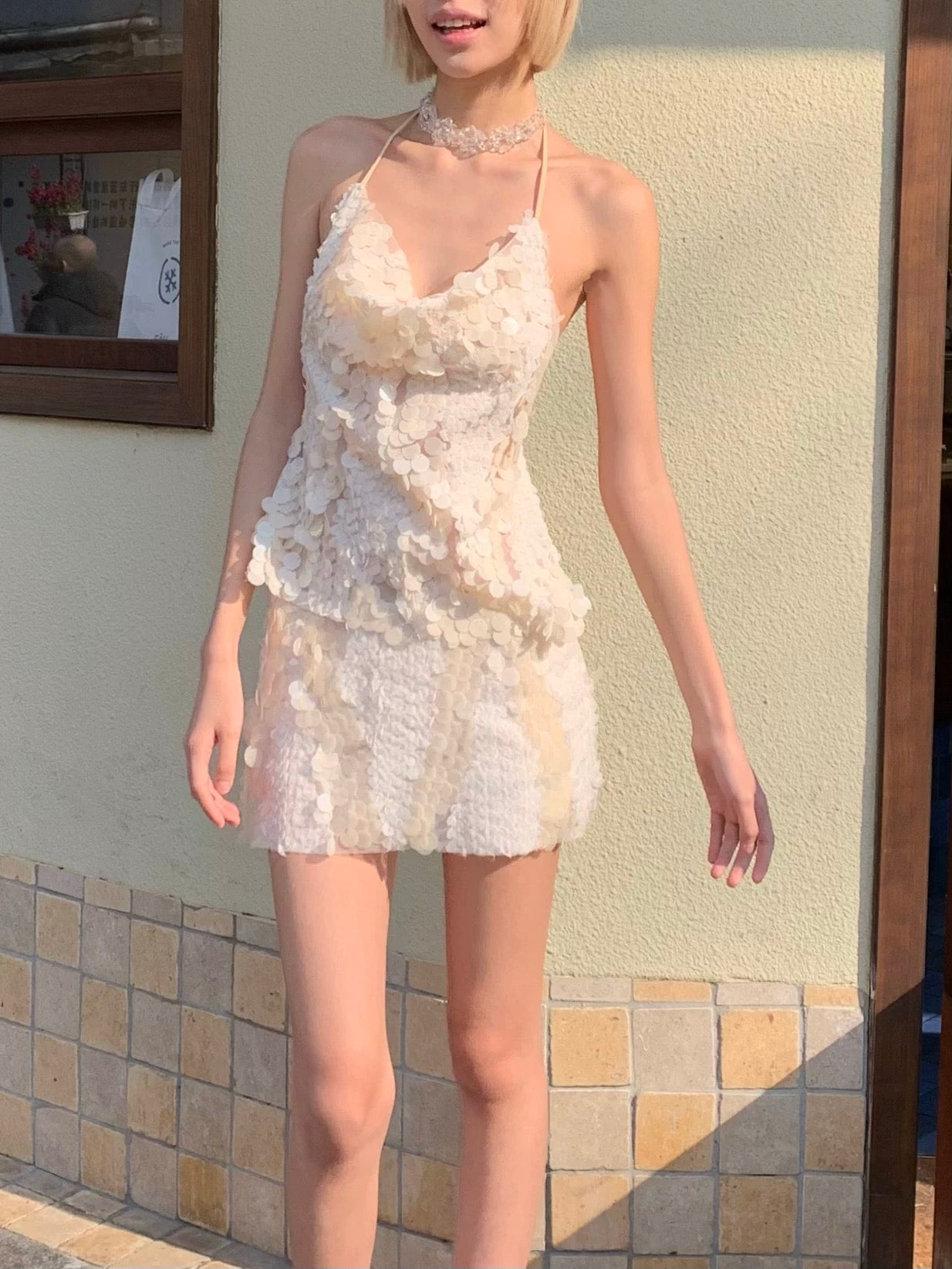 Beautiful mermaid-style with nude color, glittery sequins top