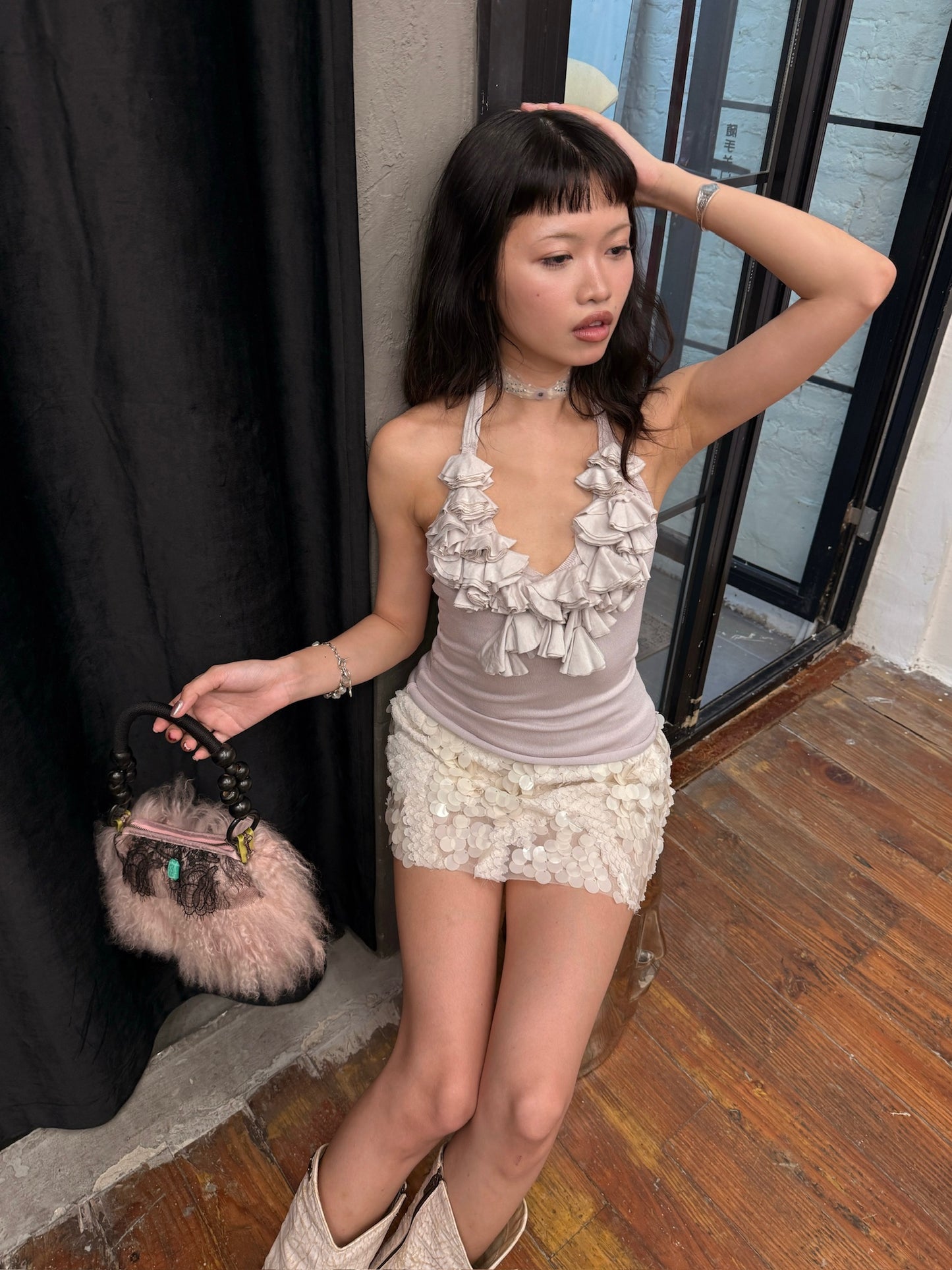 Sweet purple v neckline stretch knitted halter top with straps