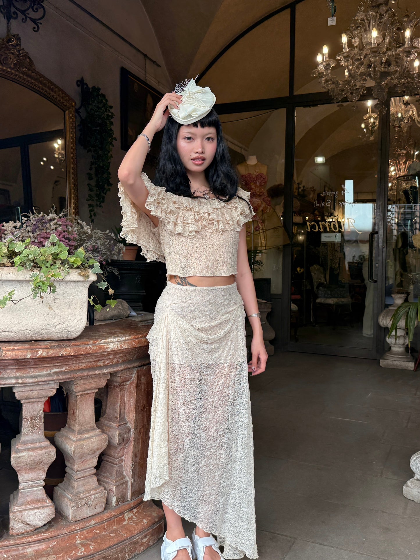 lace ruffled off-shoulder top + skirt set. Can be purchased separately