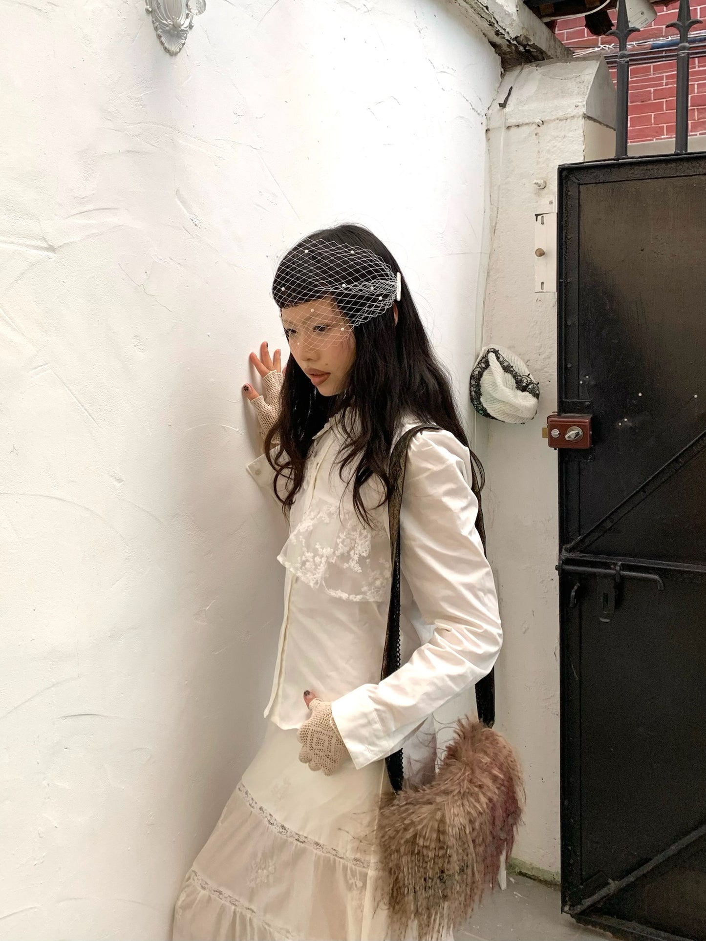 Babydoll collar lace-embroidered pure cotton versatile long-sleeved white shirt