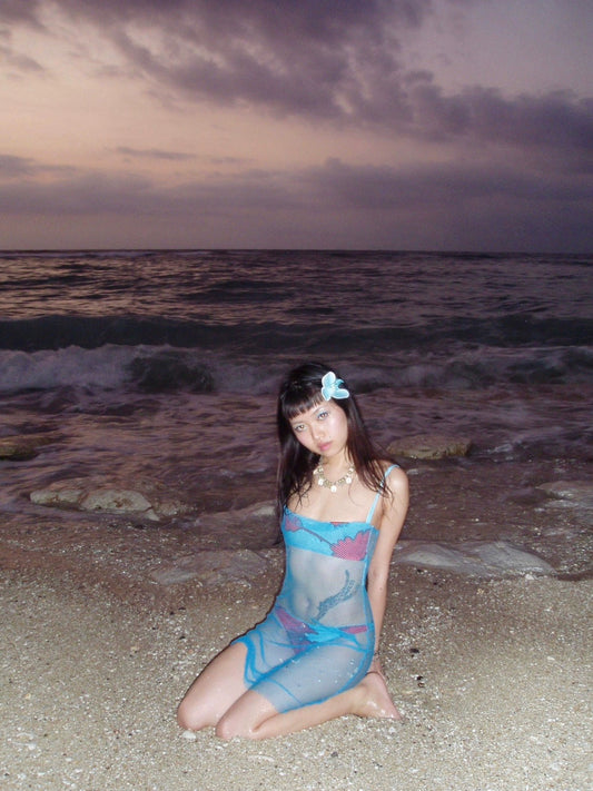 Tropical floral print blue mesh bikini two-piece swimsuit