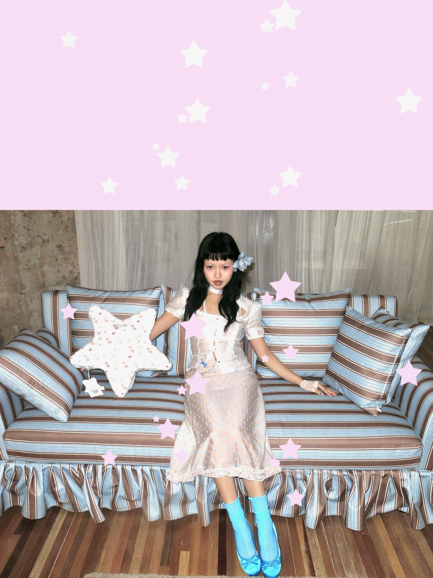 Baby blue polka dot original design tencel mid-length dress