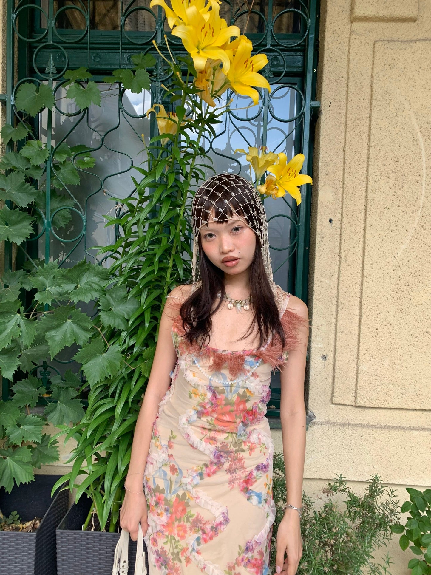Original romantic feather patchwork mesh dress