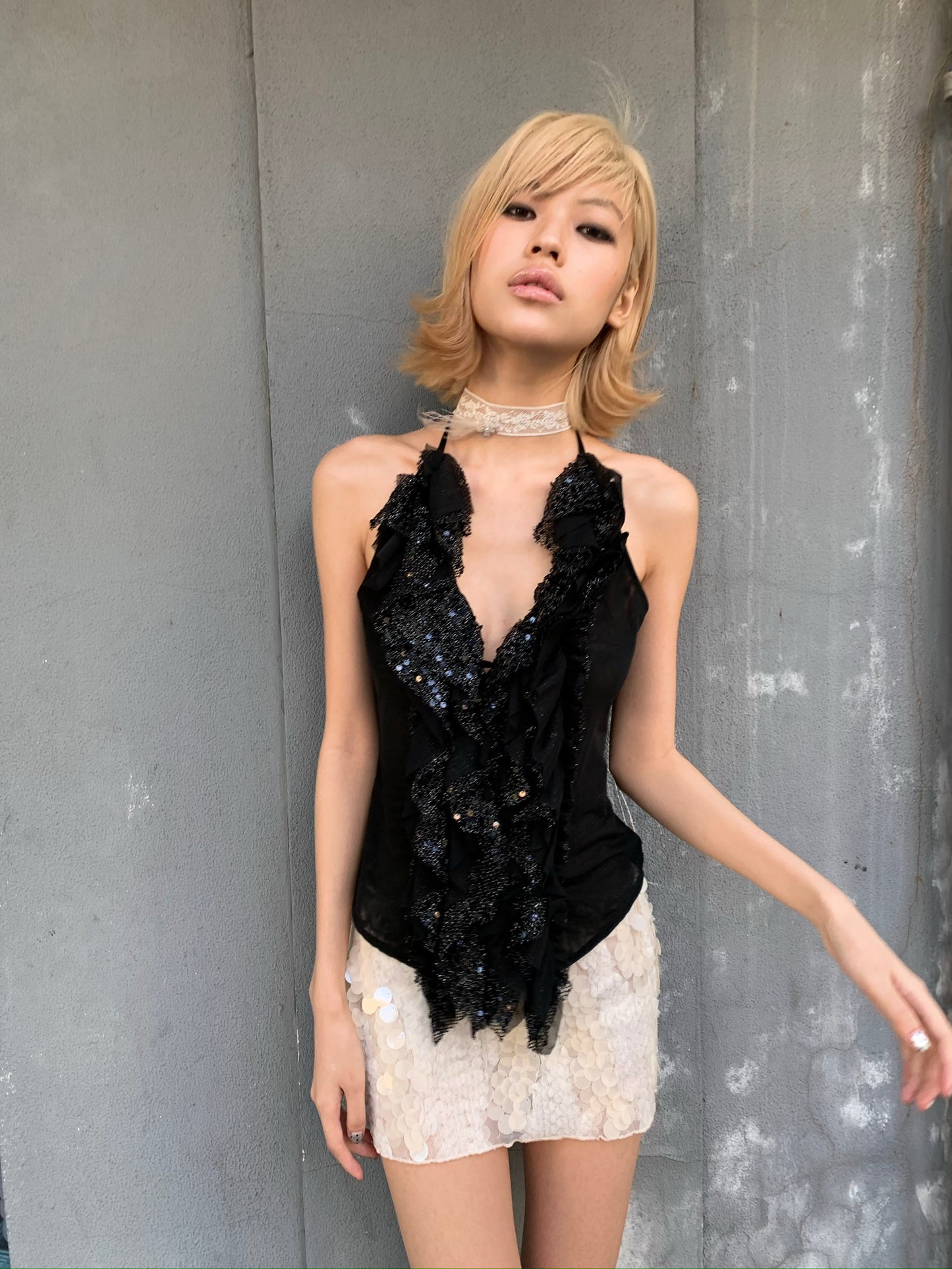 Dark glittering sequin ruffled halter strap original design top