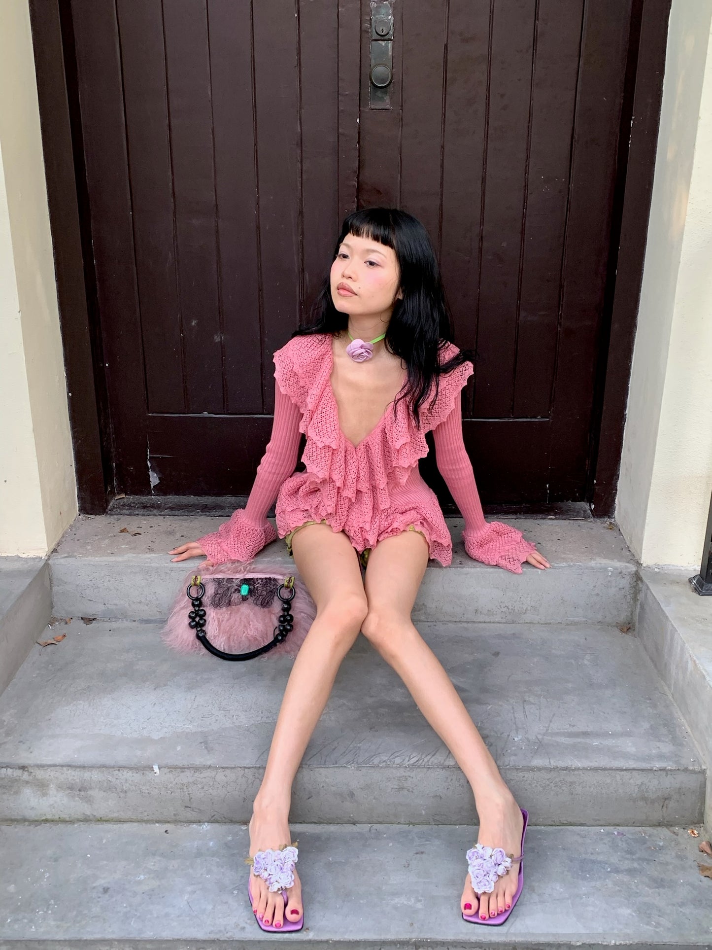 Pink slim knit long sleeve top cardigan with ruffled edge