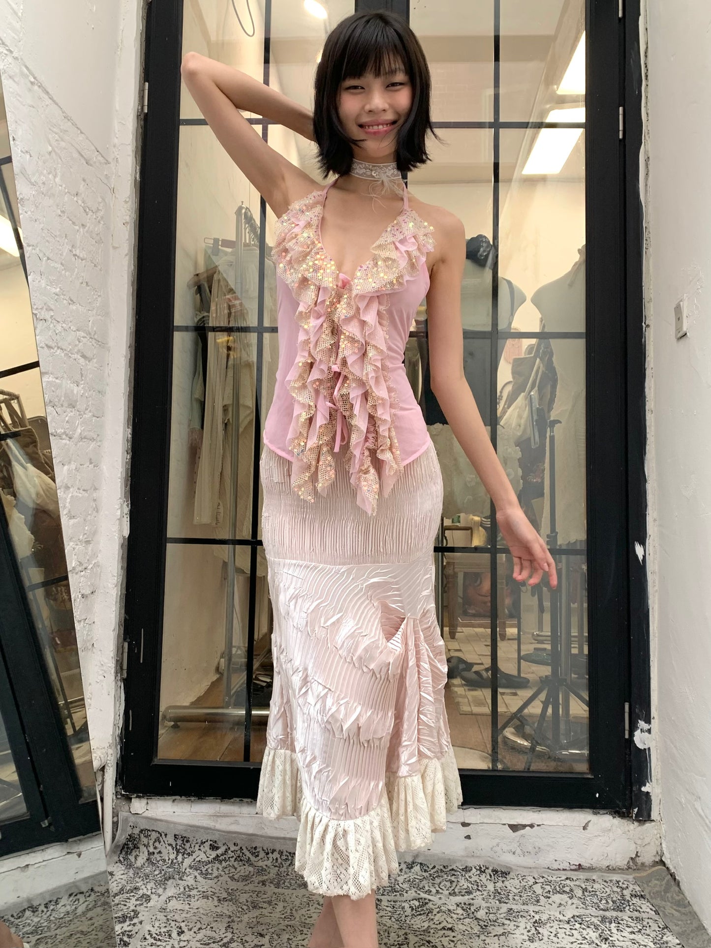 Pink glittering sequin ruffled halter strap original design top