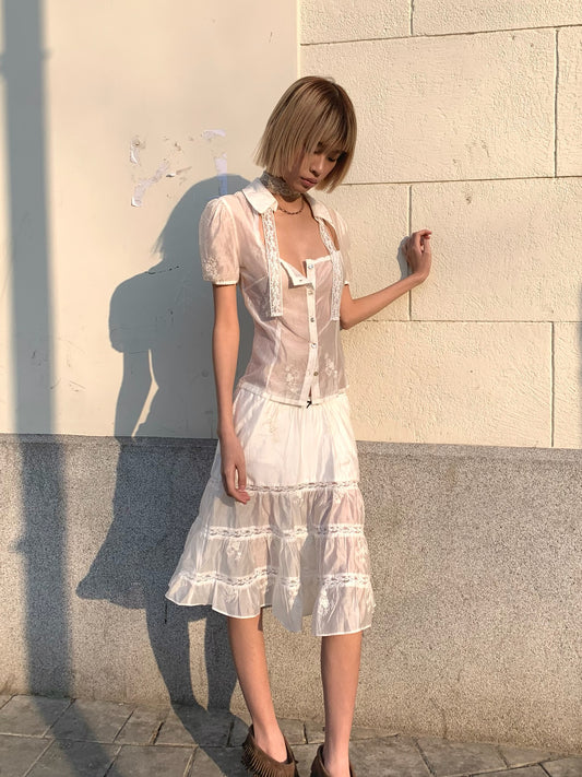 White lace cute Tencel cotton A-line skirt