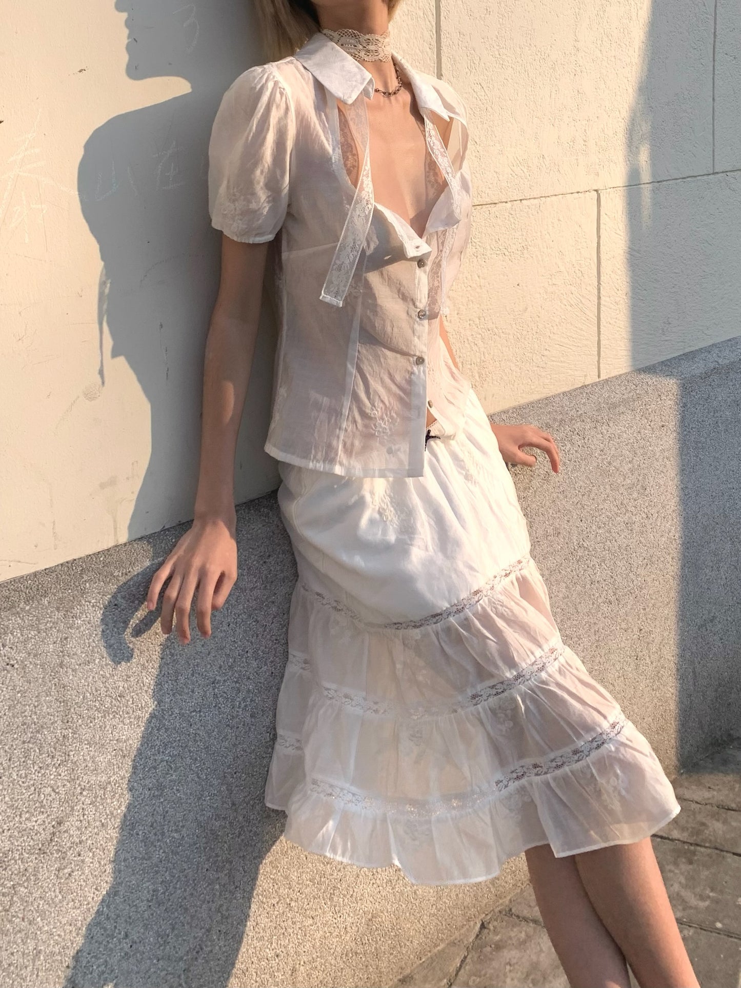 White lace cute Tencel cotton A-line skirt