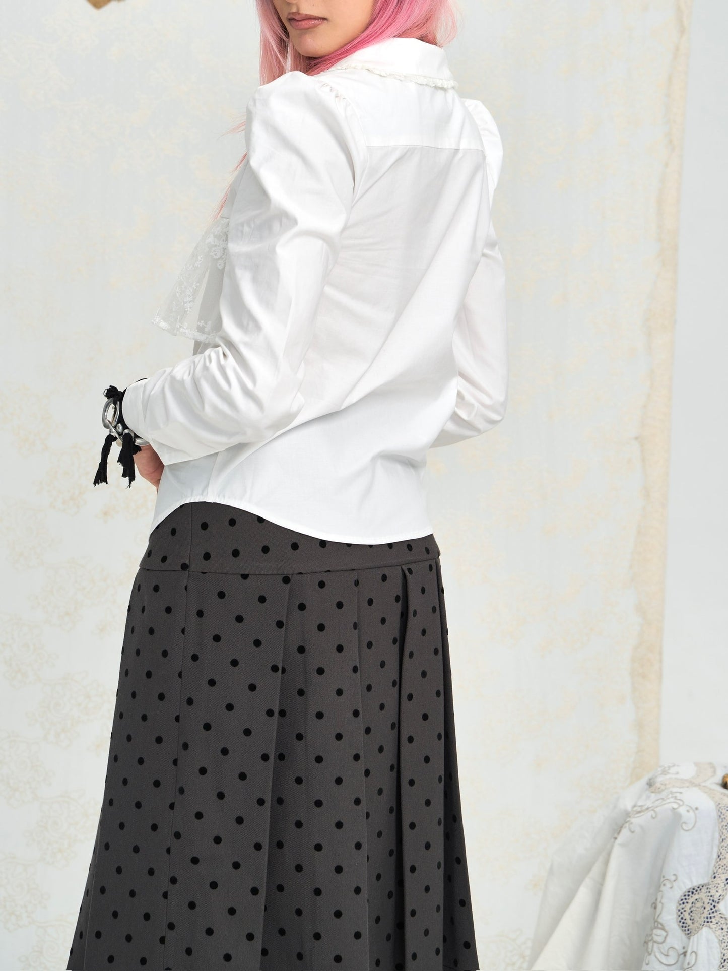 Babydoll collar lace-embroidered pure cotton versatile long-sleeved white shirt