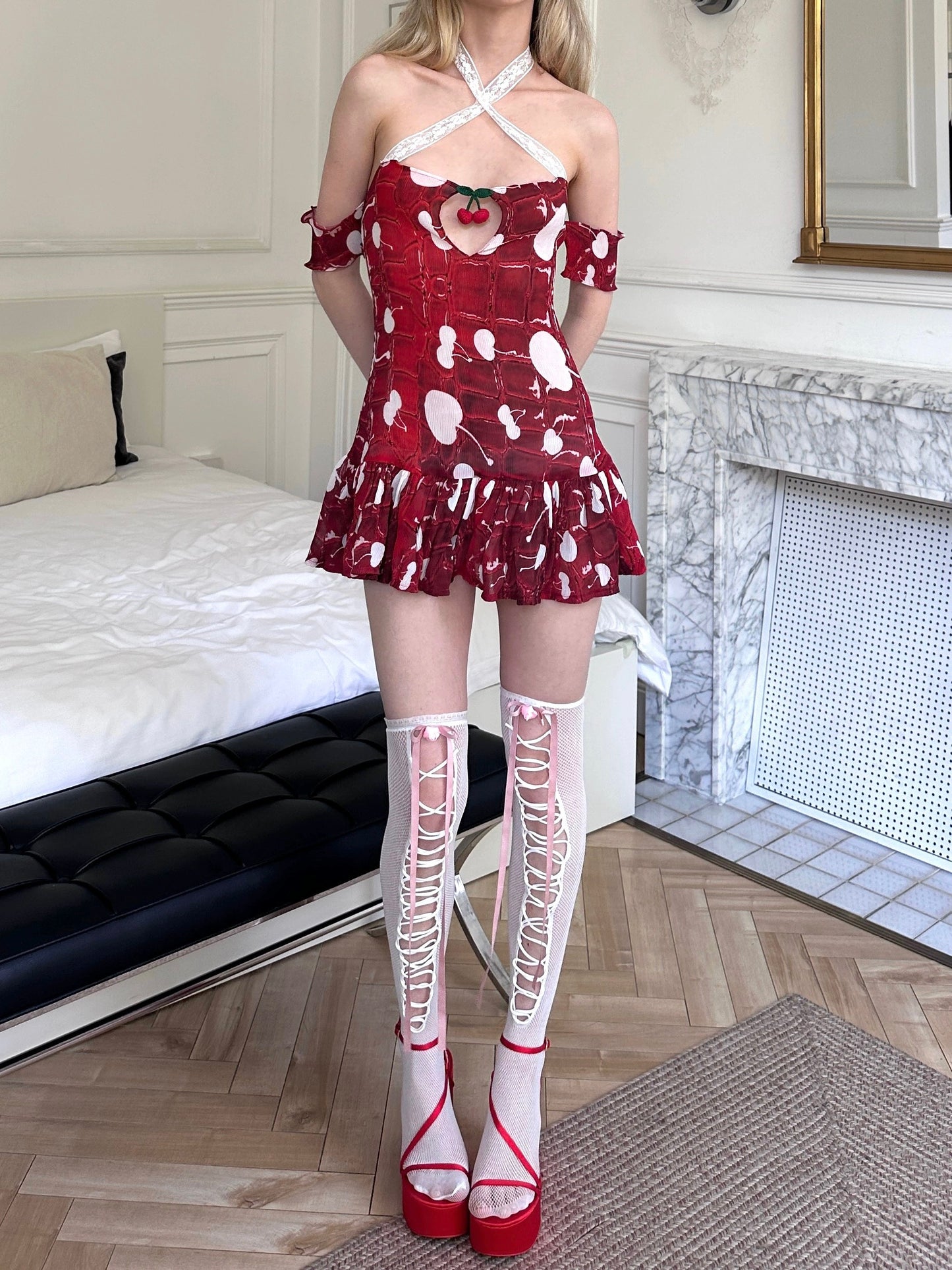 Cherry print strapless dress （short version)