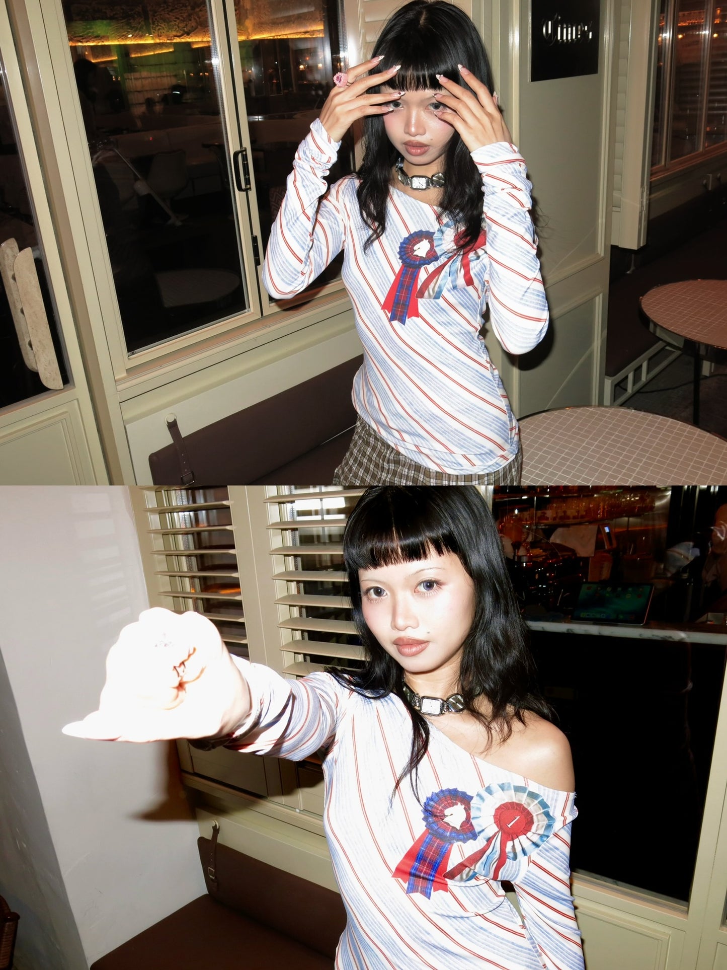 College style twill medal print long-sleeved top with stretch fabric
