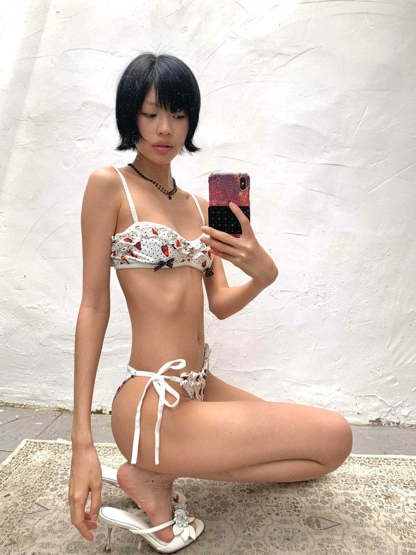 Strawberry polka dot printed swimsuit set  Bikini + Skirt