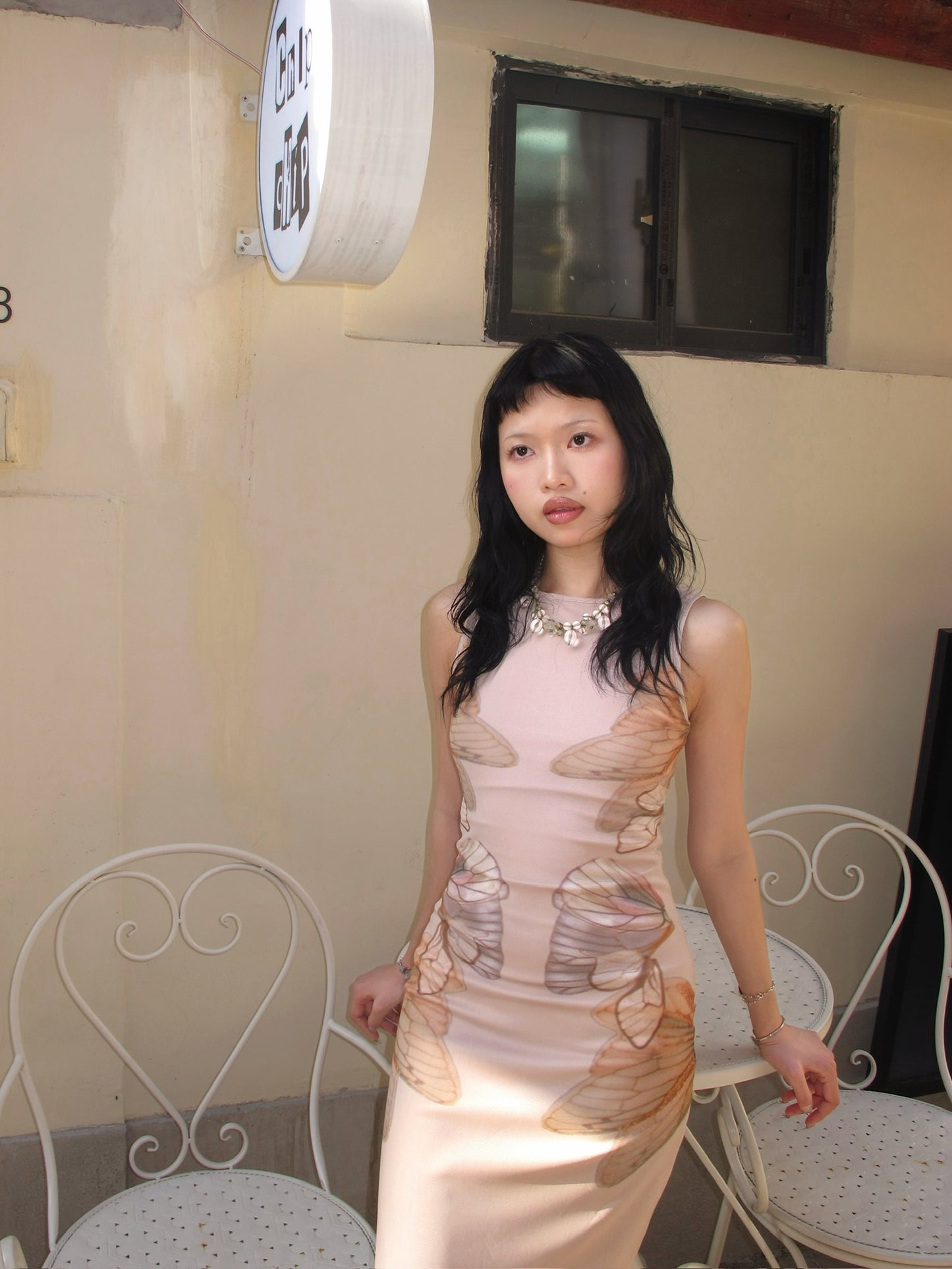 Nude-colored butterfly original design printed mesh double-layer slimming dress