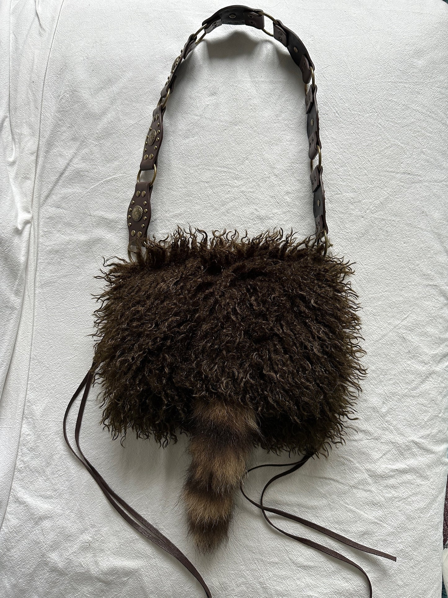 Raccoon Tail Cute furry Moss green faux fur bag