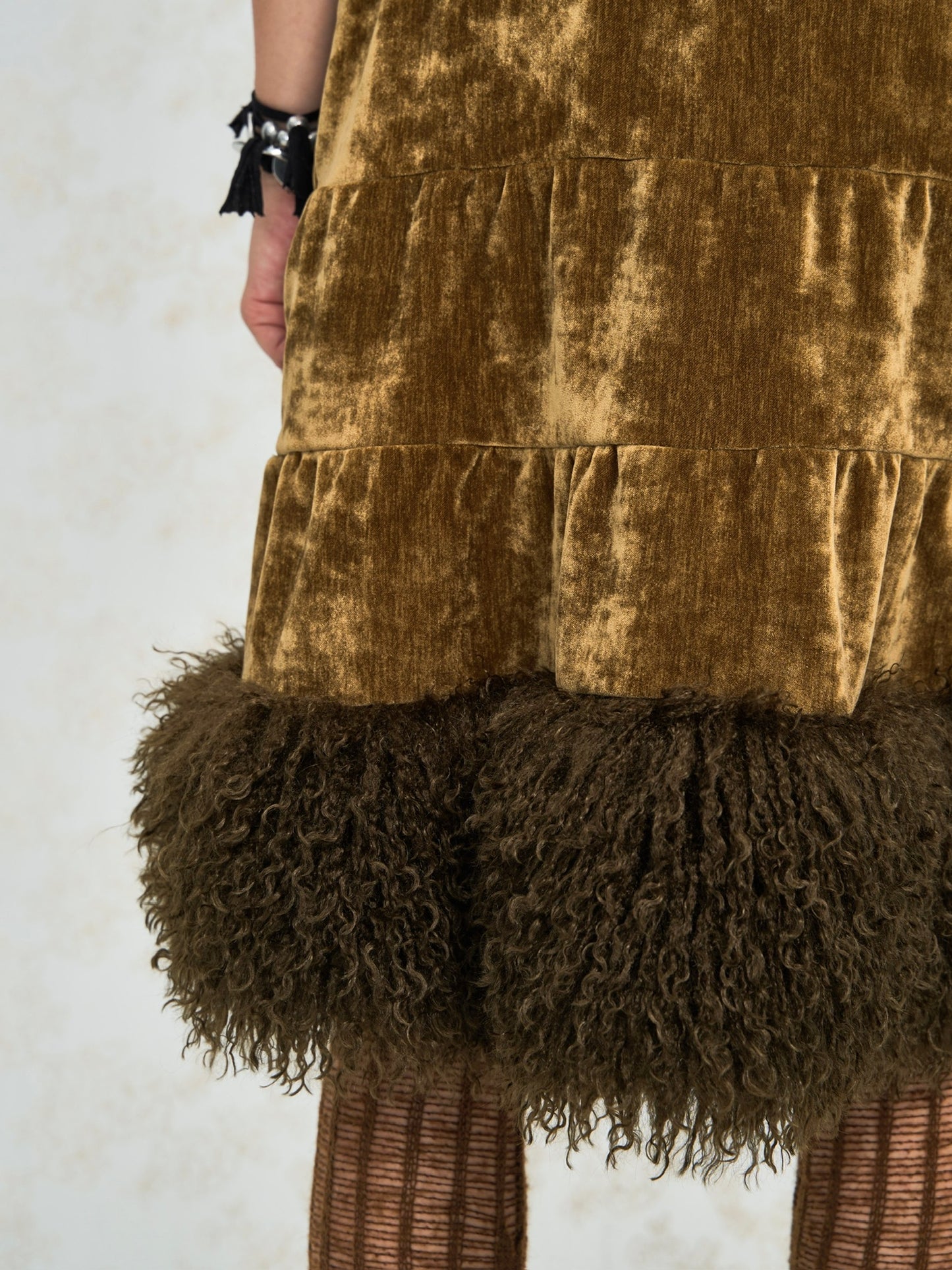 Shagreen green velvet-effect corduroy patchwork faux fur A-line skirt