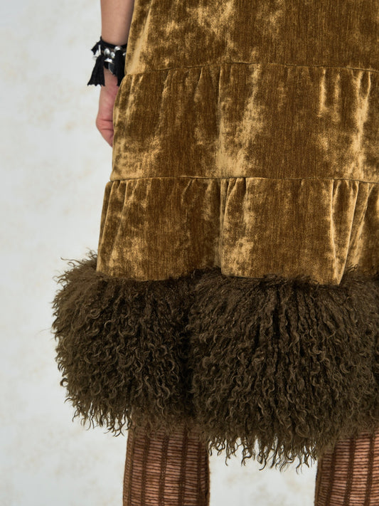 Shagreen green velvet-effect corduroy patchwork faux fur A-line skirt