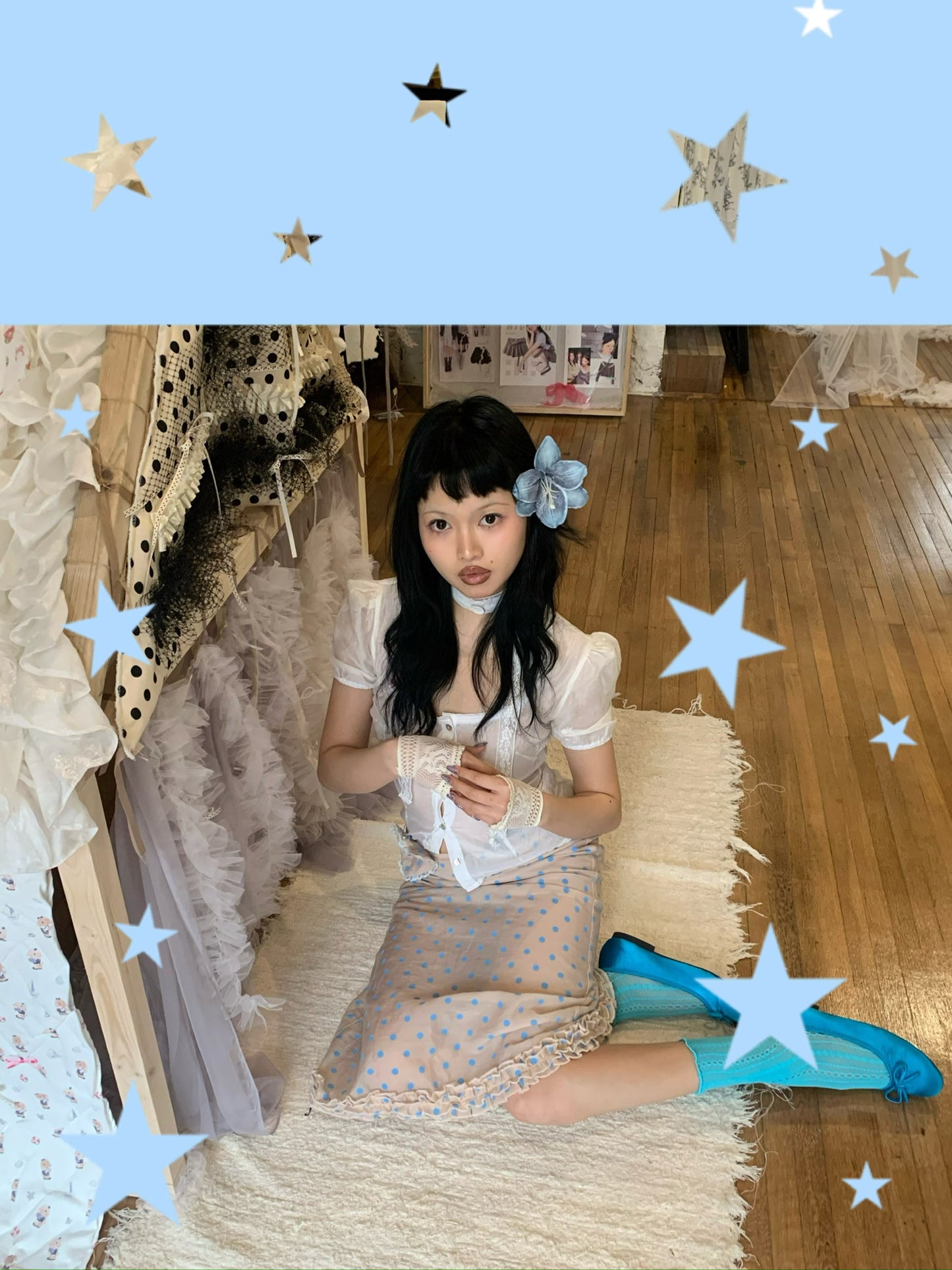Baby blue polka dot original design tencel mid-length dress