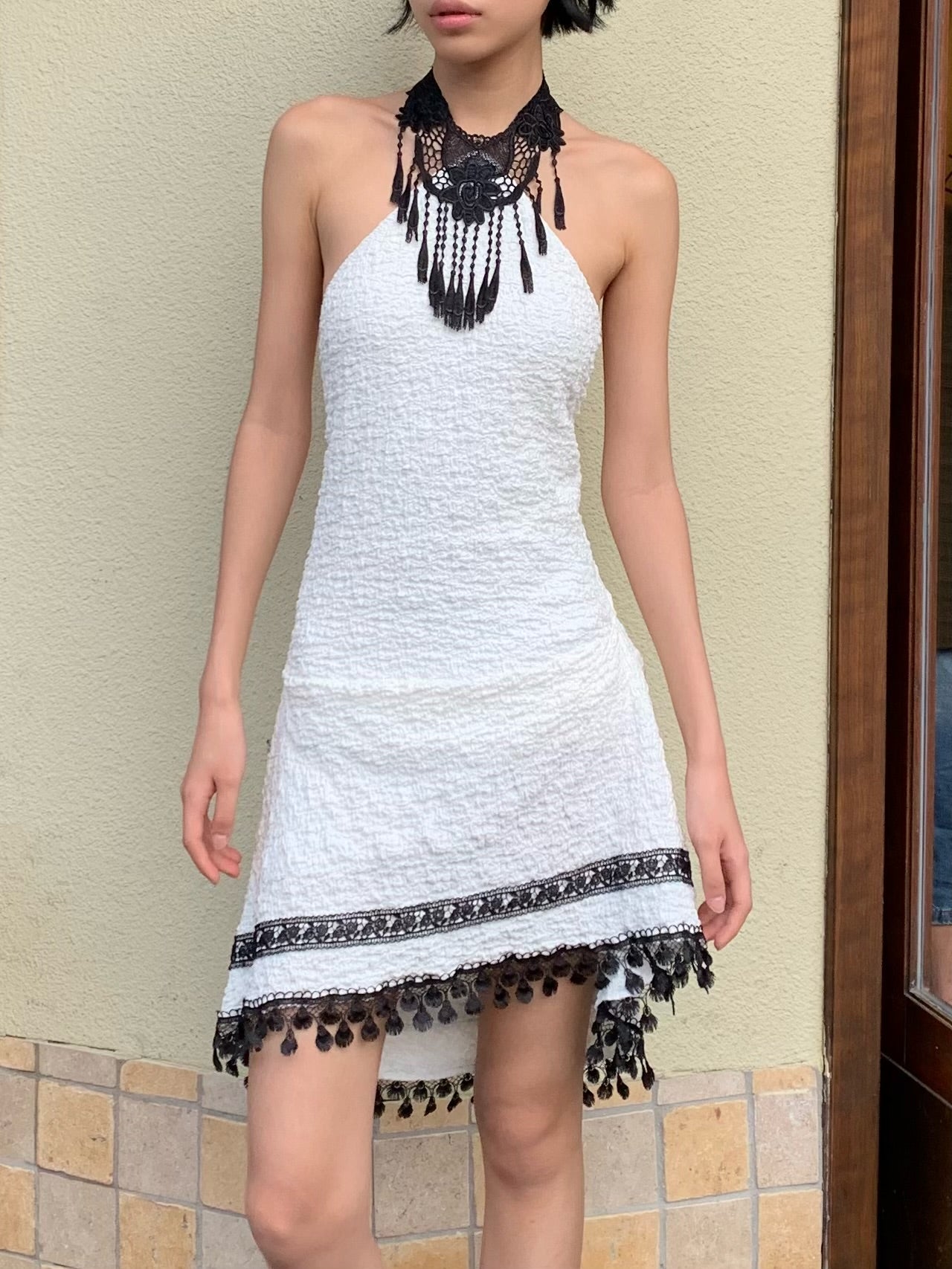 Black and White Contrast Color Stretch Pleated Dress