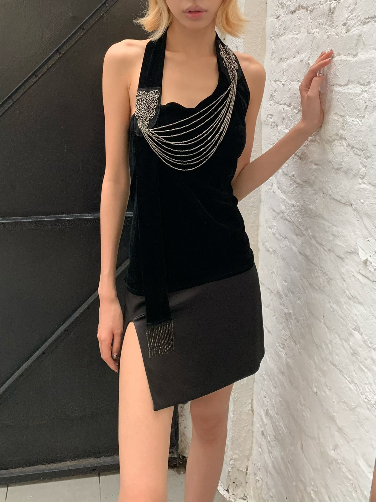 Black Silver Waterfall - Black Velvet mesh Elegant Elasticated Blouse top