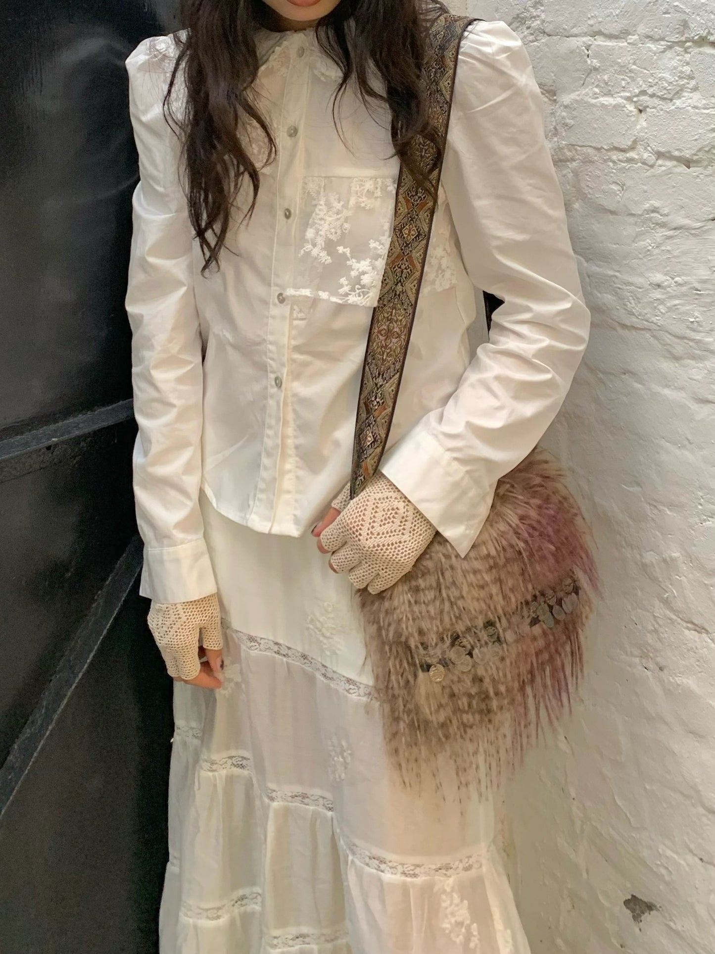 Babydoll collar lace-embroidered pure cotton versatile long-sleeved white shirt