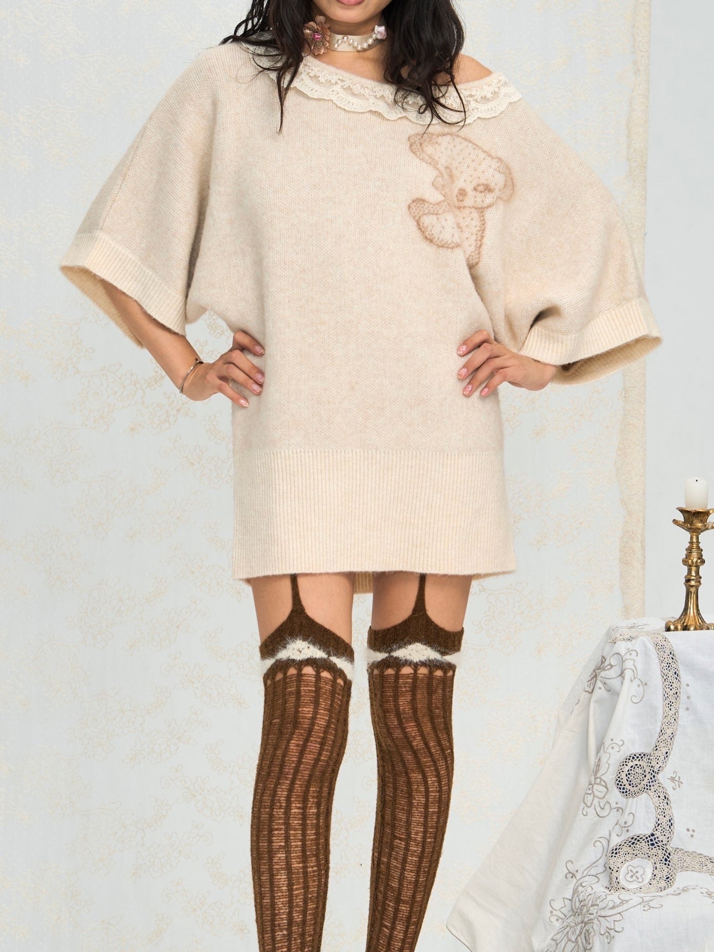 Knitted beige/milky white/pink  suspenders stockings