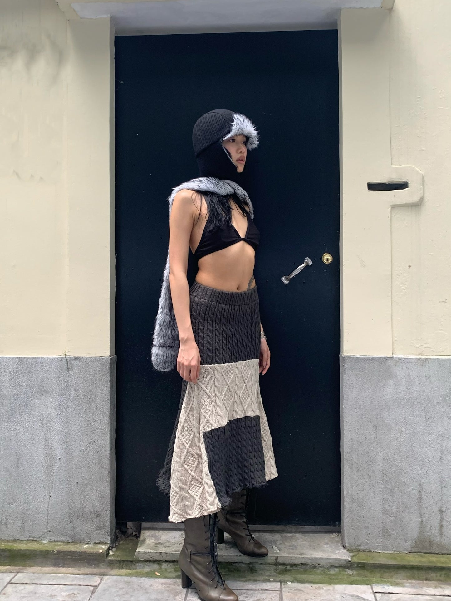 Original patchwork knitted stretch slimming design top + half skirt （can be bought separately