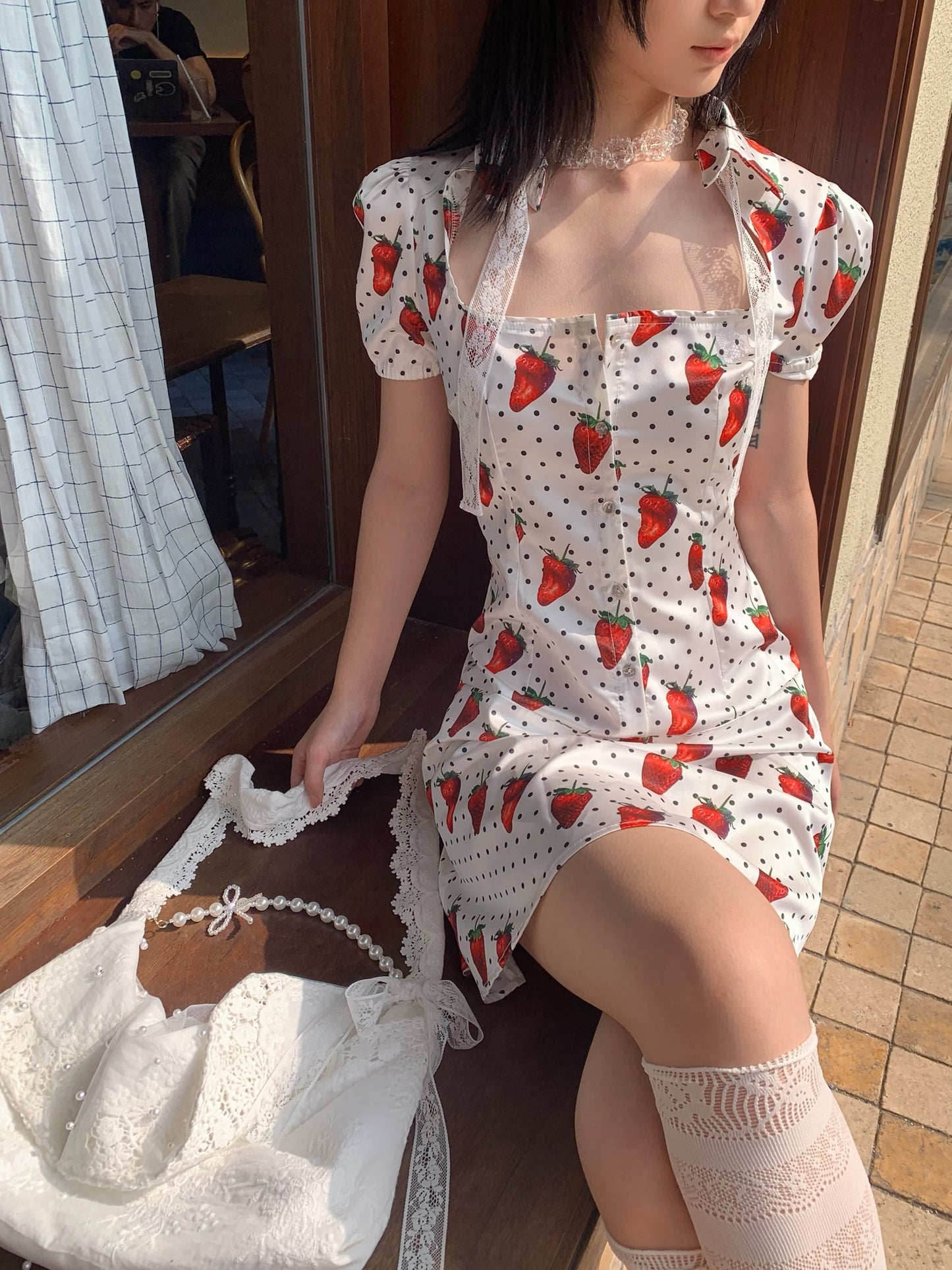 Strawberry polka dot cupcakes. Original printed bubble sleeve satin dress