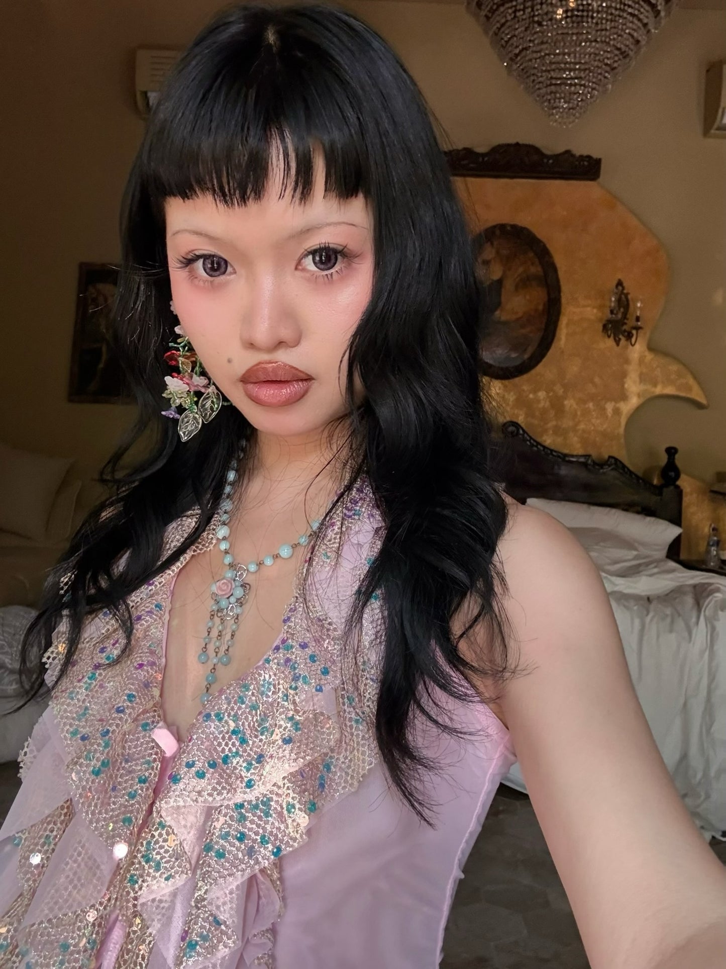 Pink glittering sequin ruffled halter strap original design top