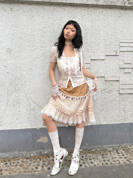 Gold and shiny baby doll skirt with rsequins and lace patchwork
