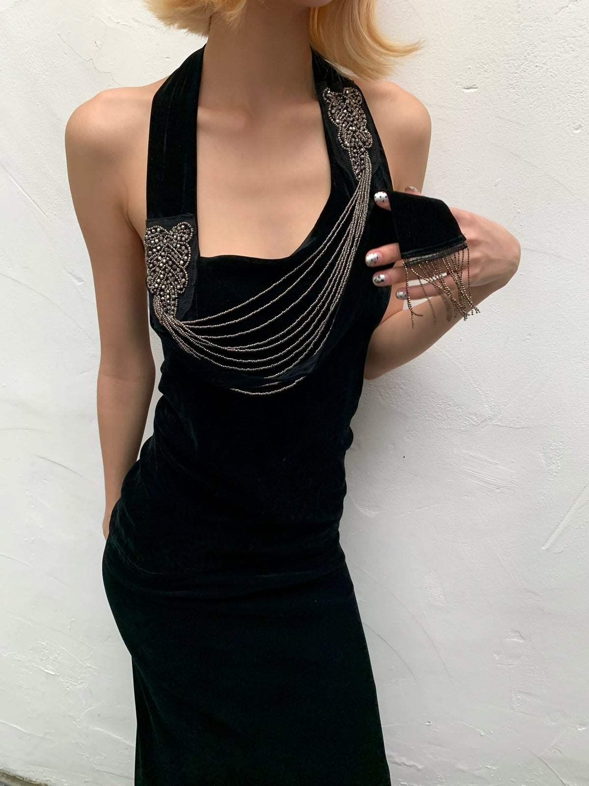 Black Silver Waterfall - Black Velvet mesh Elegant Elasticated Blouse top