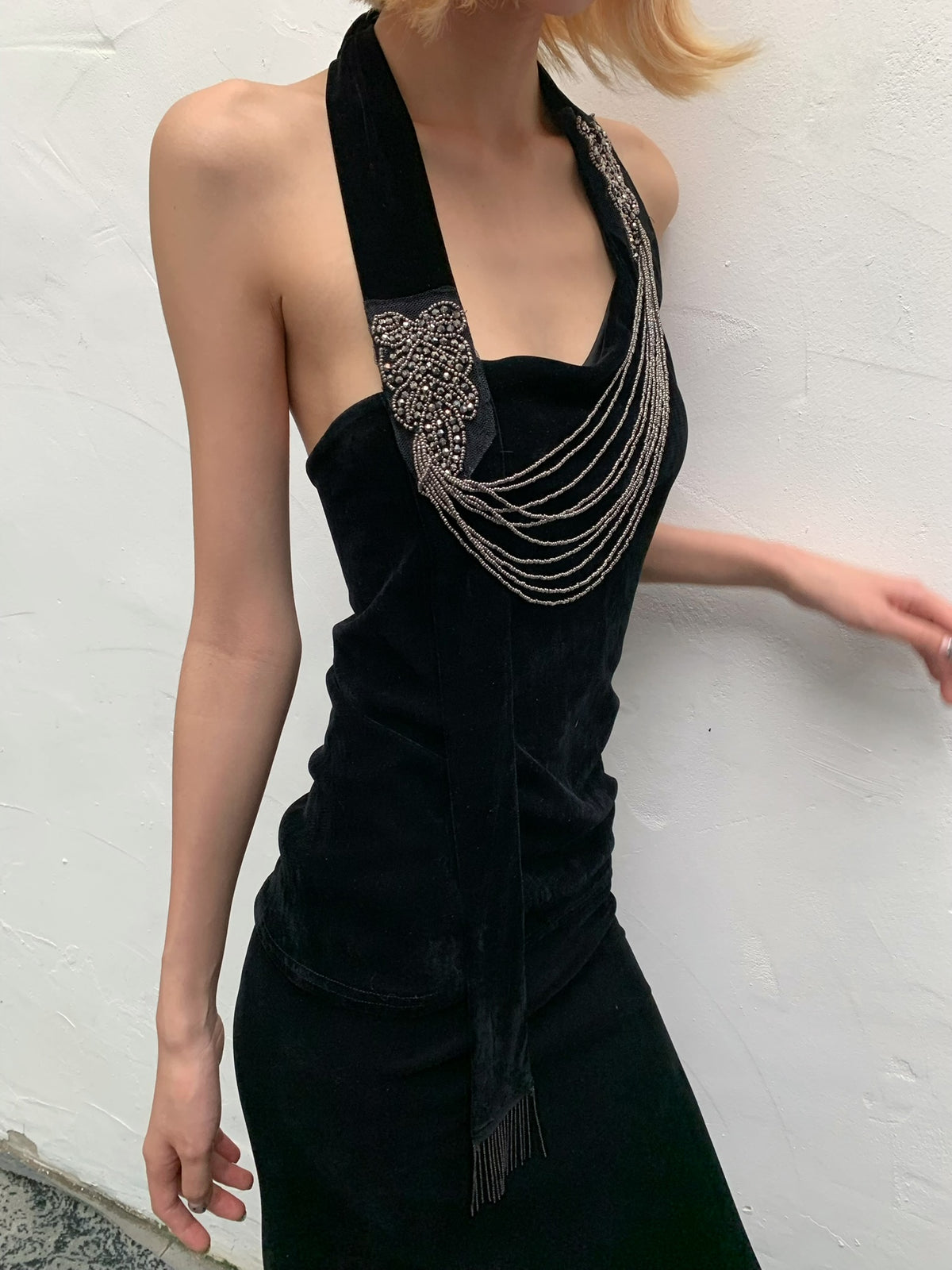 Black Silver Waterfall - Black Velvet mesh Elegant Elasticated Blouse top