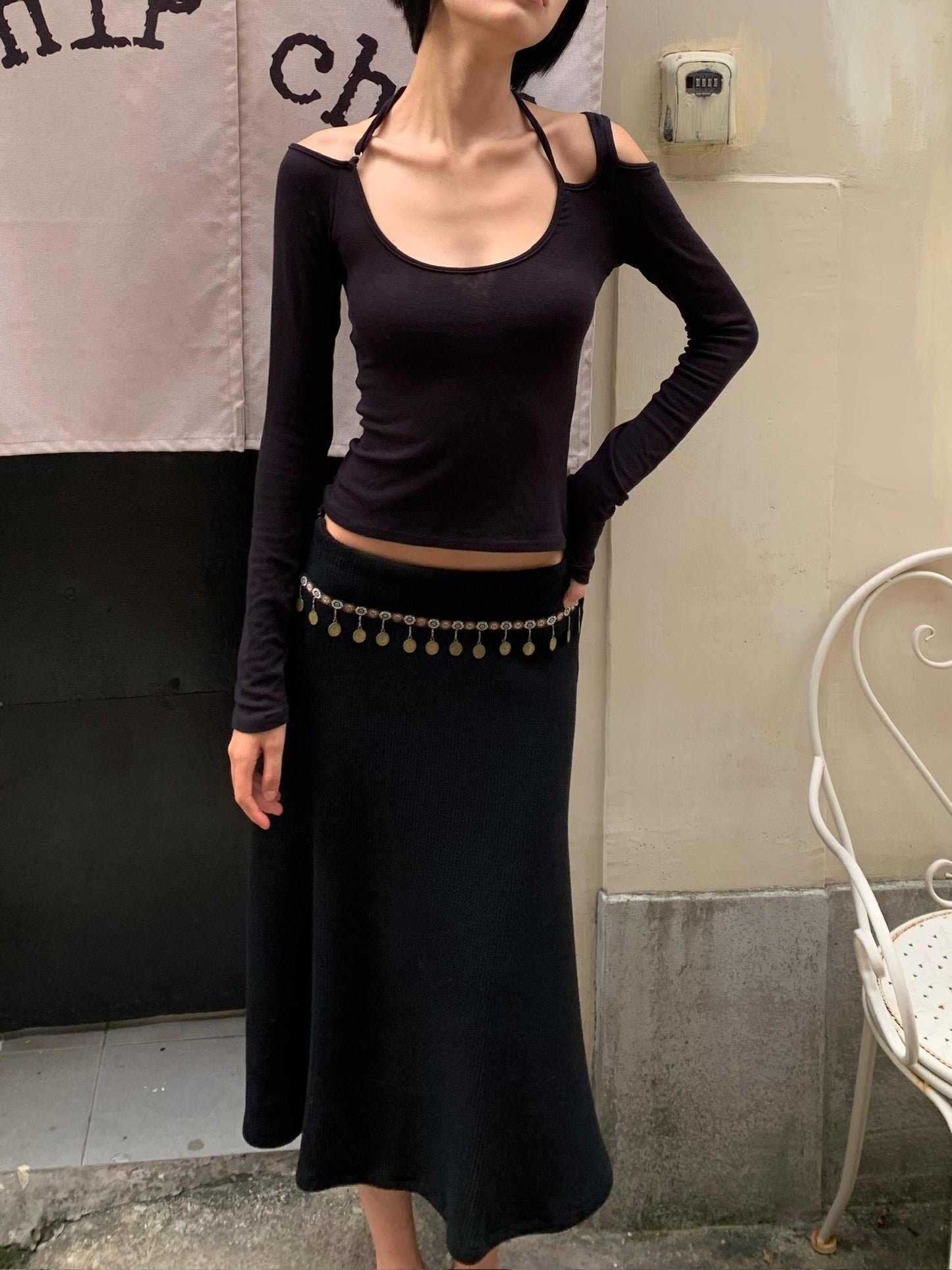 High-quality Tencel and Australian wool off-the-shoulder versatile long-sleeved top Black