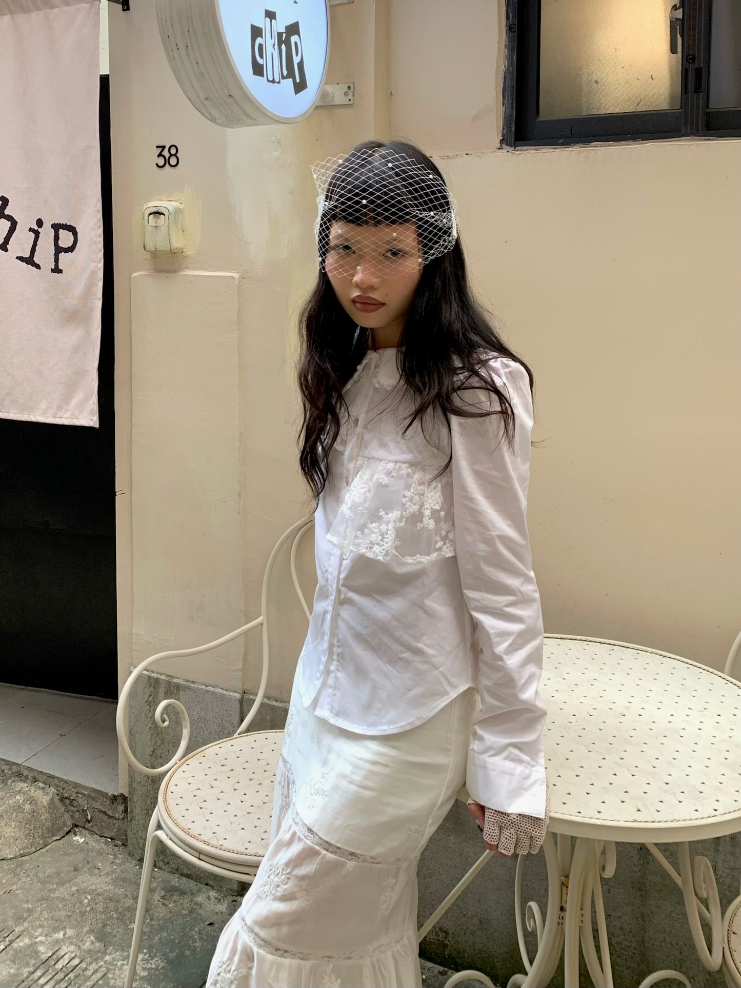 Babydoll collar lace-embroidered pure cotton versatile long-sleeved white shirt