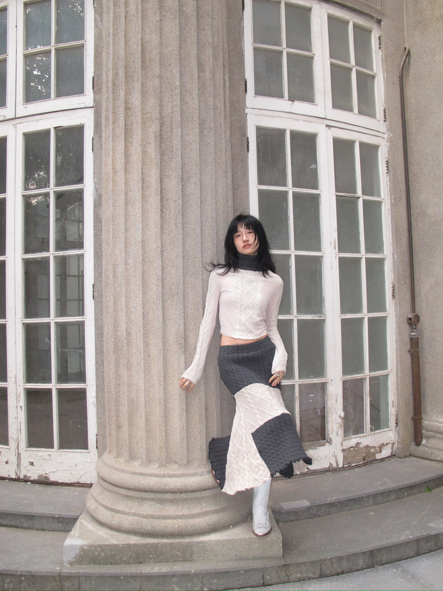 Original patchwork knitted stretch slimming design top + half skirt （can be bought separately