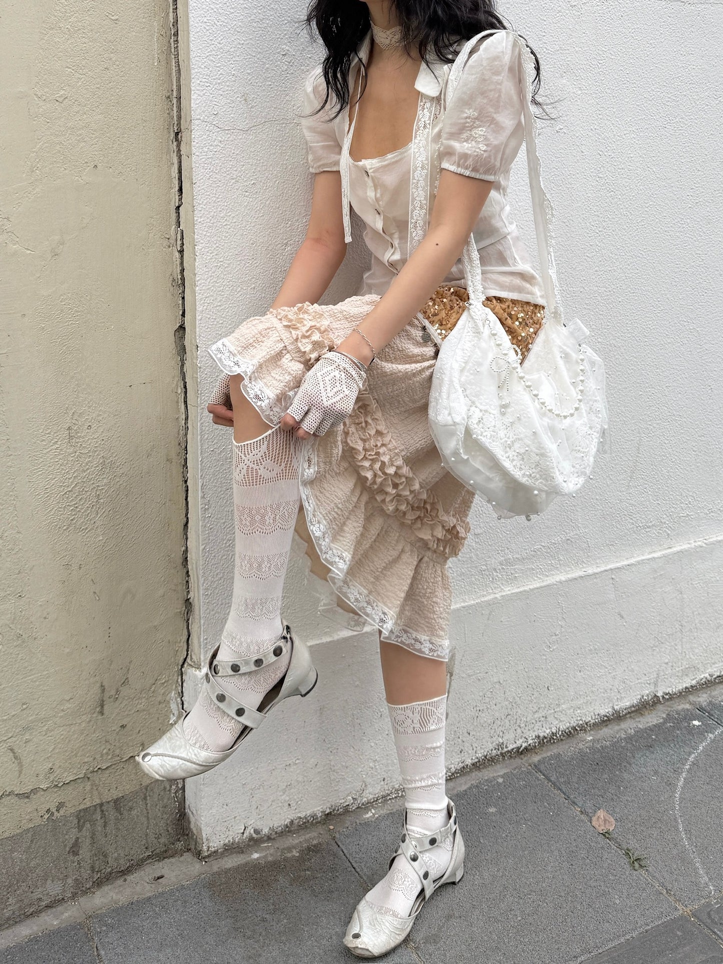 White/light purple lace socks