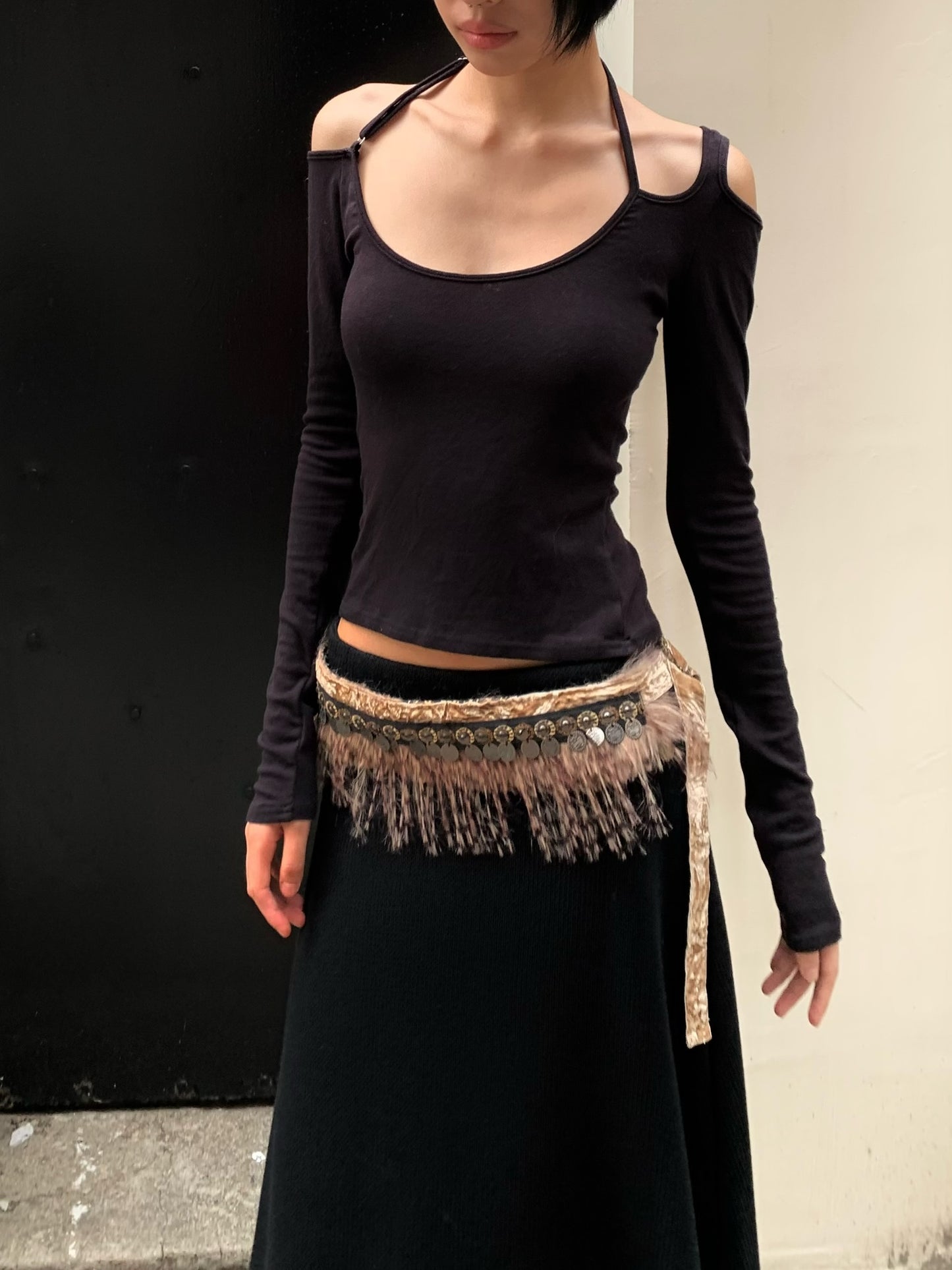 High-quality Tencel and Australian wool off-the-shoulder versatile long-sleeved top Black
