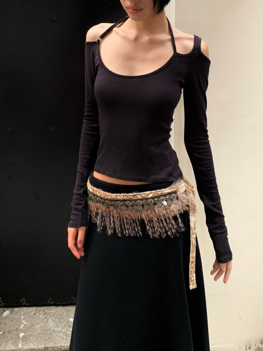 High-quality Tencel and Australian wool off-the-shoulder versatile long-sleeved top Black