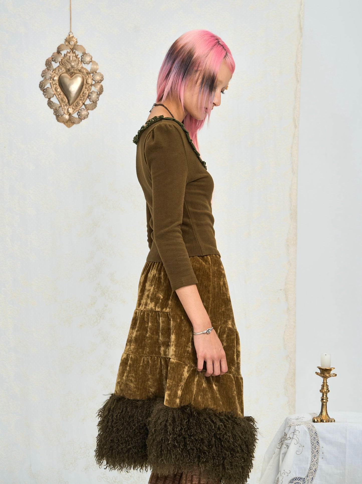 Shagreen green velvet-effect corduroy patchwork faux fur A-line skirt